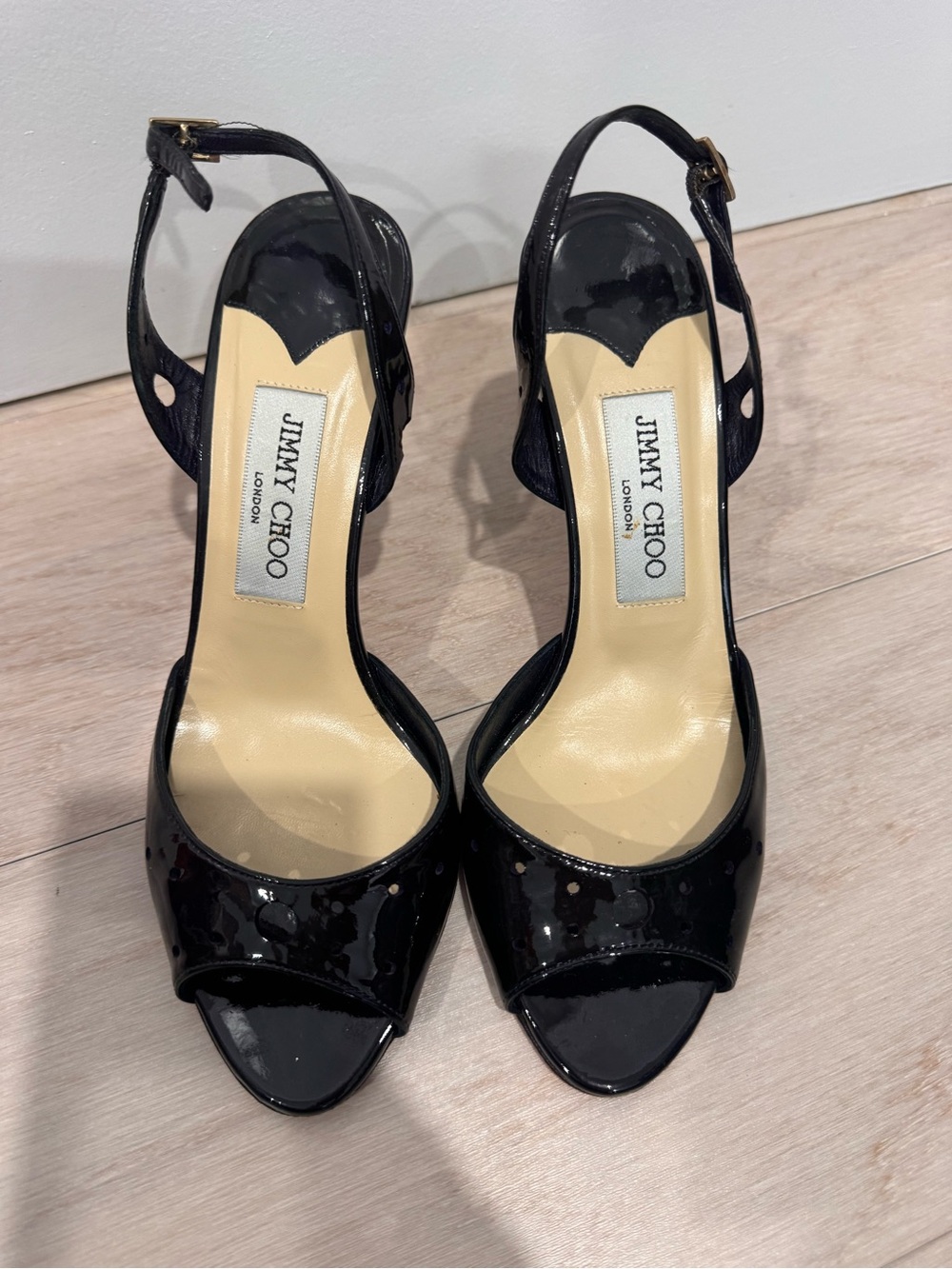 Jimmy Choo Black Patent Leather Peep-Toe Slingback Heels with Ankle Strap